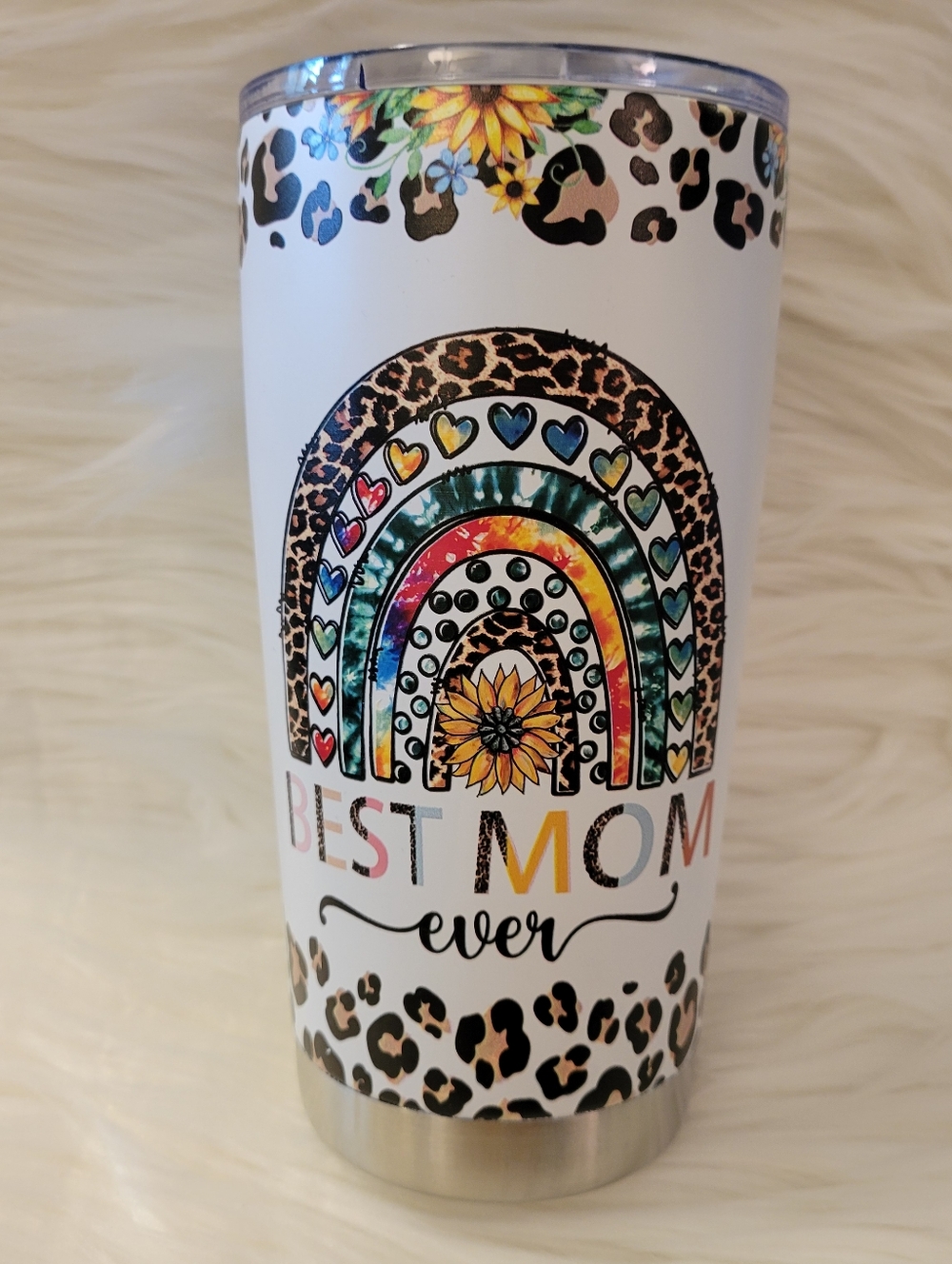 Best Mom Ever Rainbow Leopard Travel Tumbler — Multicolor,  With Cleaning Straw.